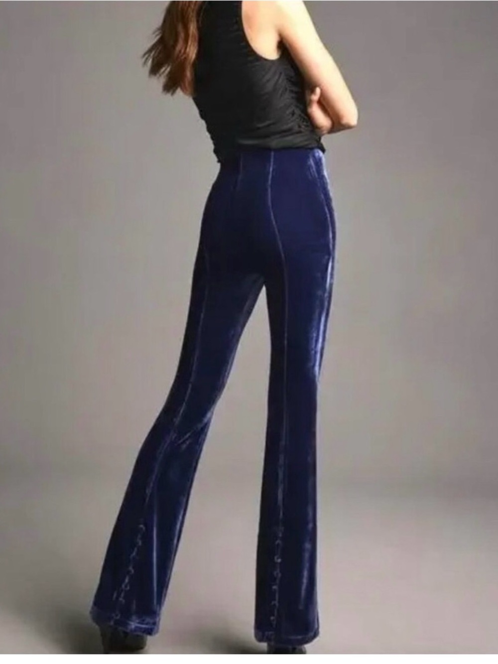 Anthropologie blue velvet flared pants button details